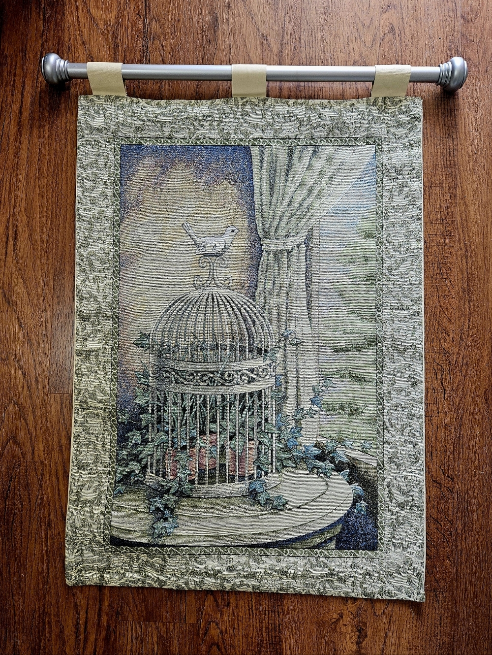 Vtg Avairy Tapestry Wall Hanging w/Bird & Cage 26"×30" Rod Included Made in USA